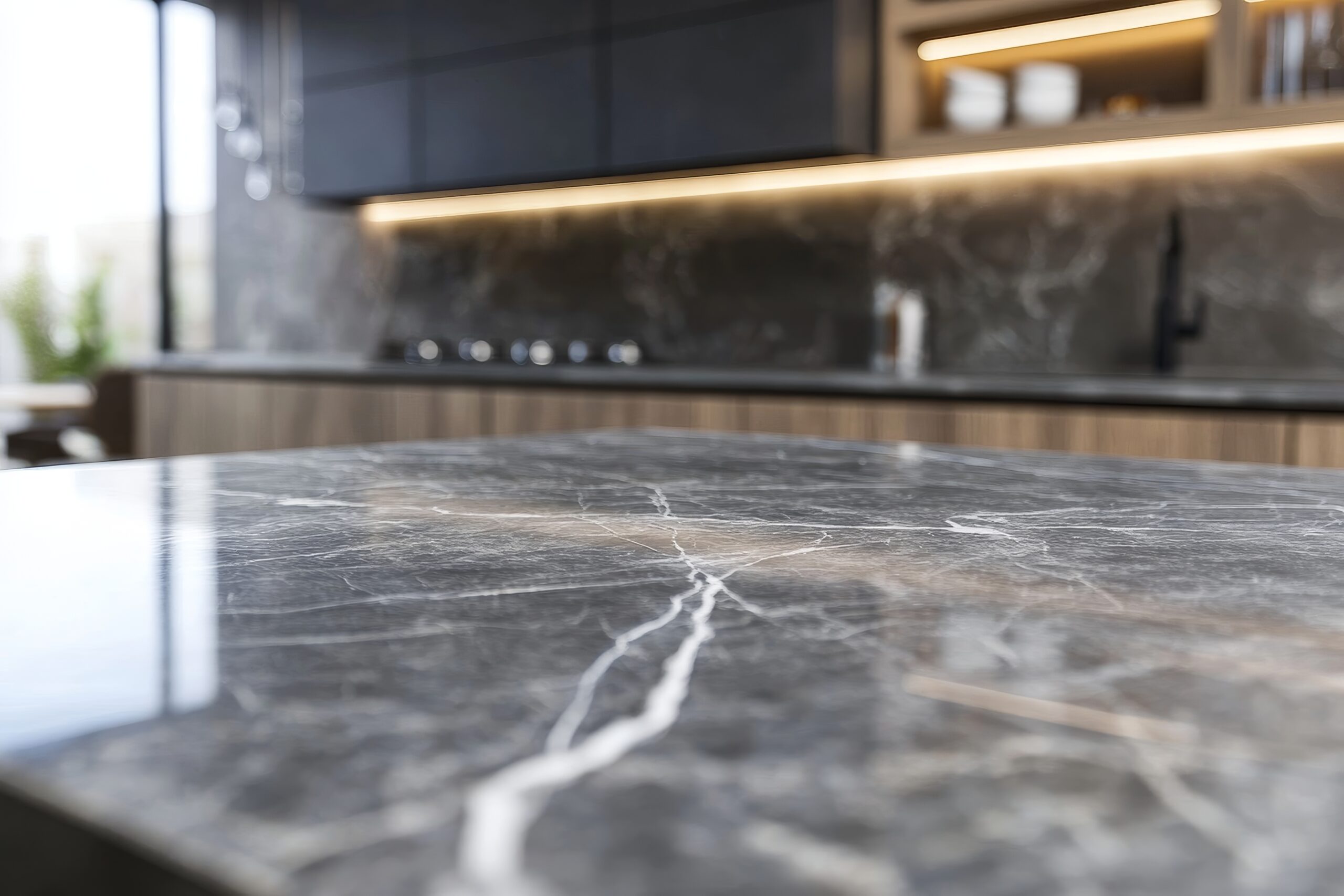 Close Up Of Sleek Dark Kitchen Countertop Modern Cabinetry In Background Marble Countertop