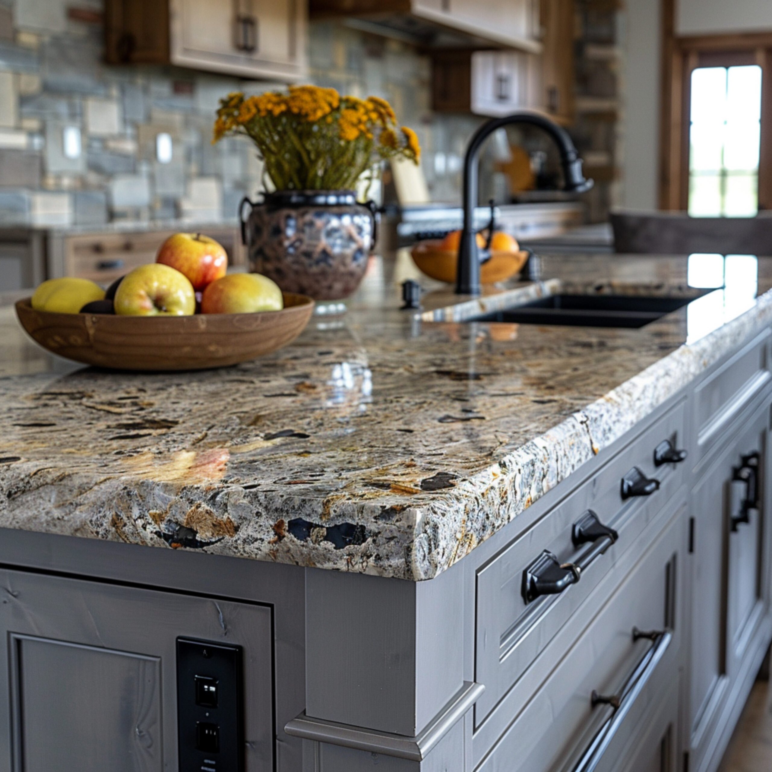 Kitchen With Counter Top Bowl Flowers It Granite Countertop