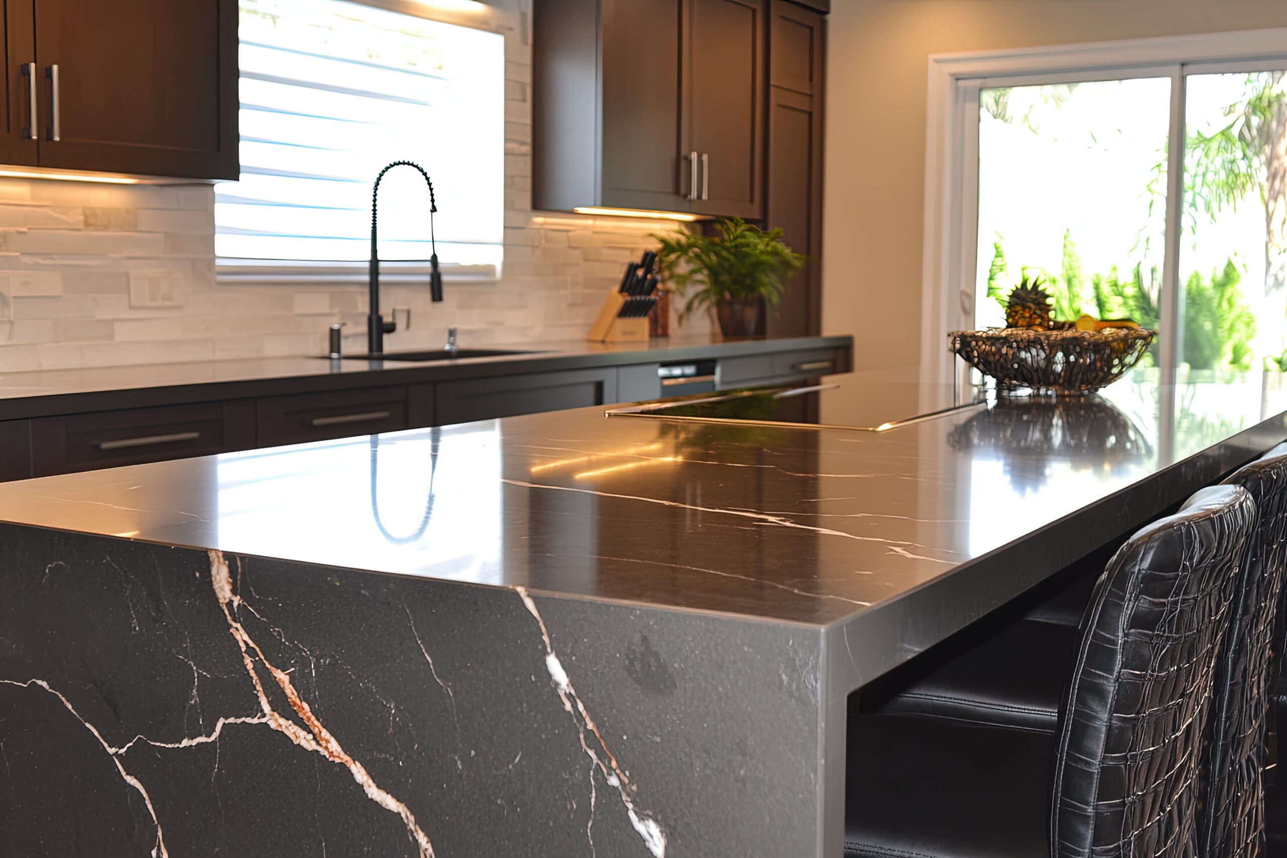 A Kitchen With A Counter Top Next To A Sink Marble Countertop