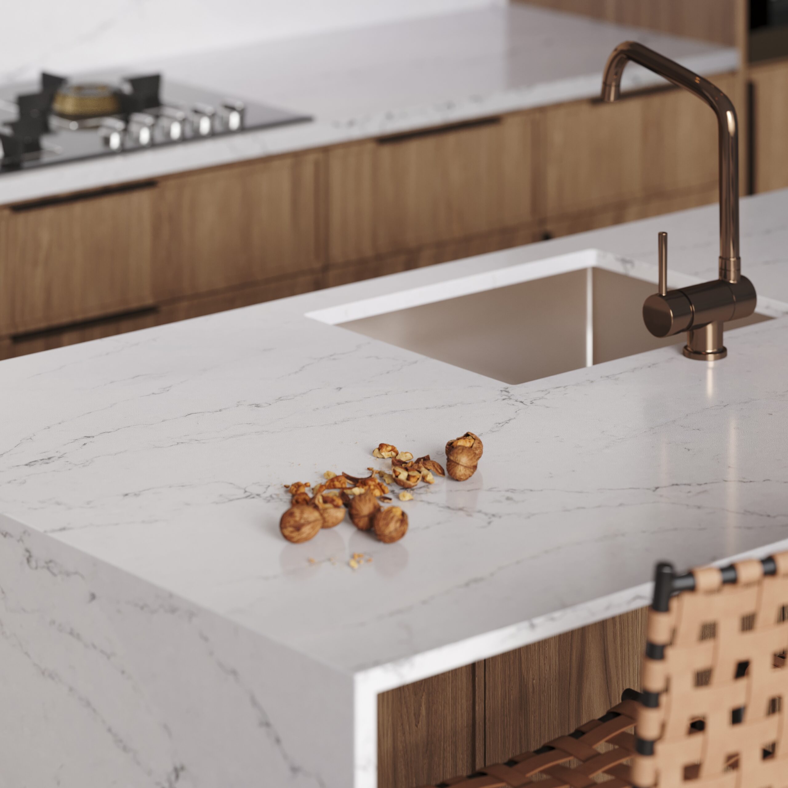 Modern Kitchen Design With Stone Top Detail Interior With Faucet Home Appliances Quartz Countertop