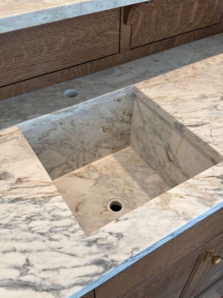 Quartzite Calacatta Michelangelo Honed with Integrated sink countertop — Prime Countertops installation Gaithersburg MD